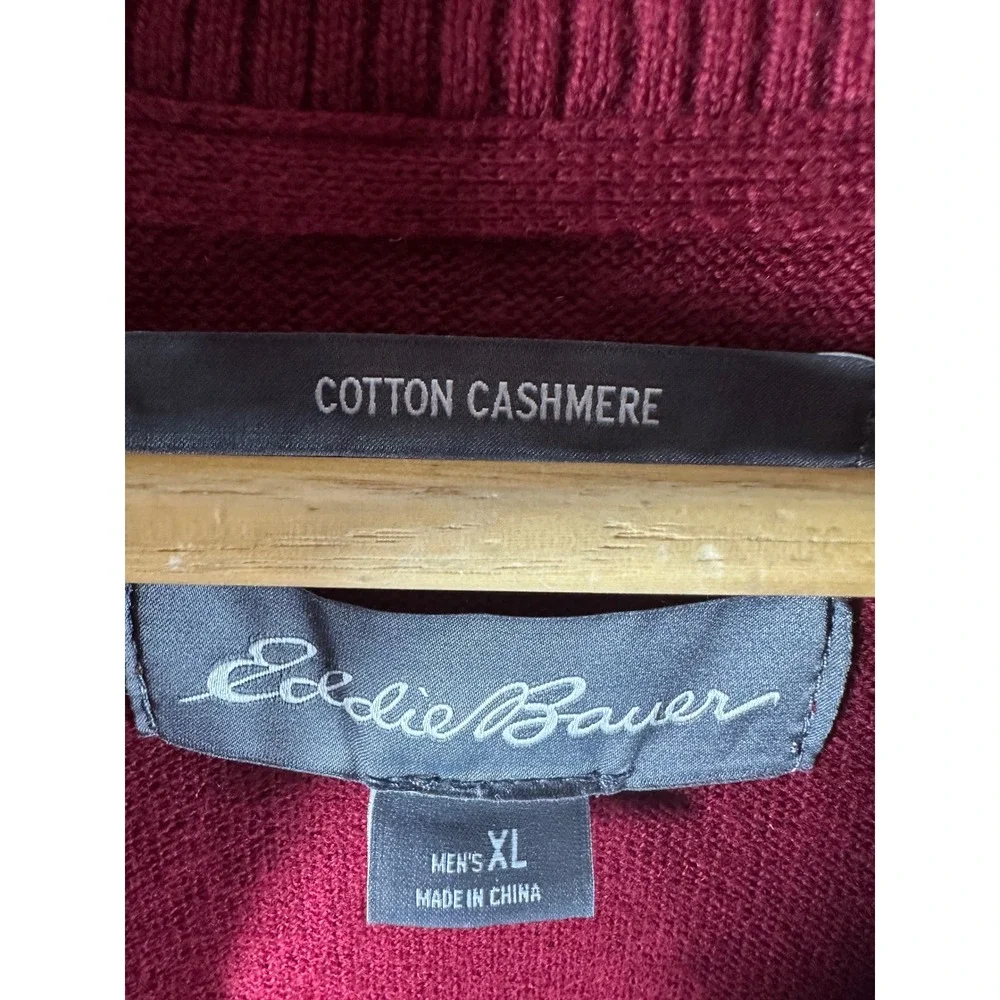Eddie Bauer Sweater Mens XL Red Cotton Cashmere 1/4 Zip Pullover‎ Knit Mock Neck